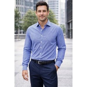 Mizzen+Main Large Trim Fit Blue Gingham Performance Dress Shirt L/S Button Down